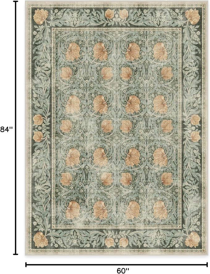 RUGGABLE x Morris & Co Washable Area Rug – Pimpernel Vintage Green 5x7, Stain-Resistant, Non-Slip – Medium Machine Washable Rugs for Living Room, Bedroom, Hallway, Entryway & Office–with Standard Pad