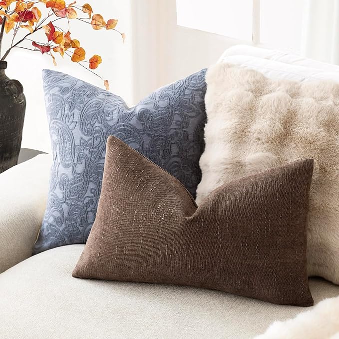 Foindtower Pack of 2 Soft Textured Chenille Throw Decorative Pillow Covers Lumbar Accent Solid Cushion Cover Cozy Neutral Farmhouse Pillow Case for Couch Sofa Bedroom Living Room 12x20 Inch, Chocolate