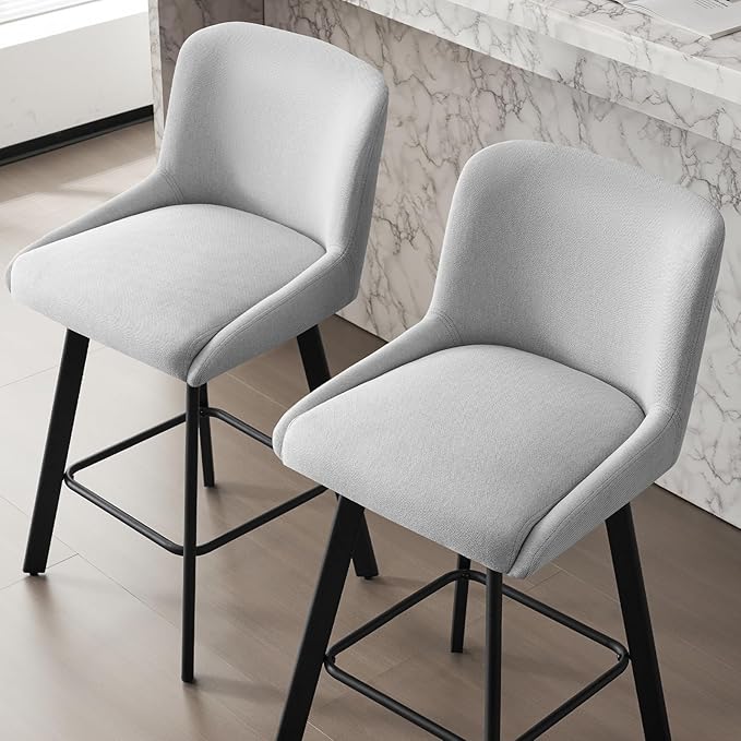 Swivel Bar Stools Set of 2, 30''H Upholstered Barstools with Backs, Modern Counter Height Bar Stool Chairs for Kitchen Island, Metal Legs, Fabric, Light Gray Counter Stools