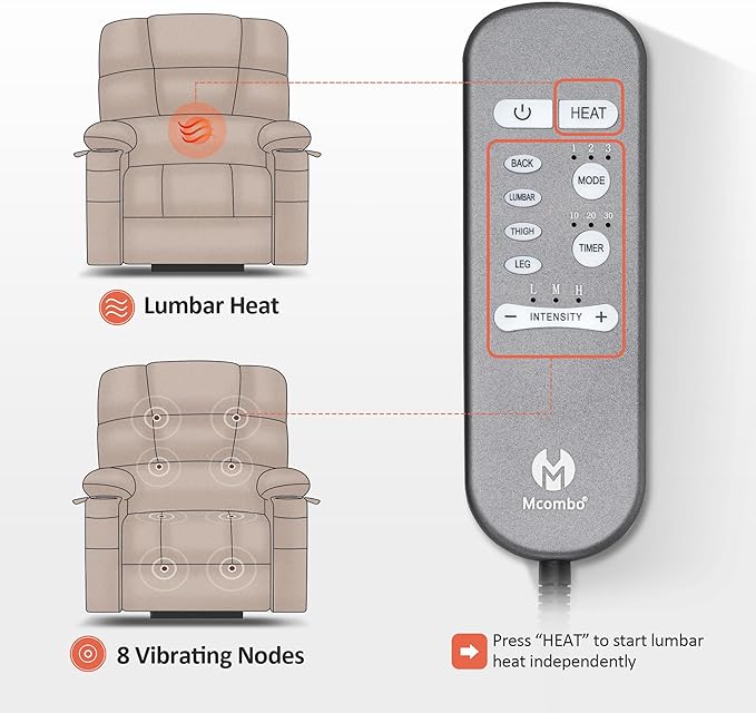 MCombo Oversized Dual Motor Power Lift Recliner Chair Sofa with Massage and Heat for Big Elderly People, Infinite Position, USB Ports, Fabric R7688 (Grey, Large-Oversize)
