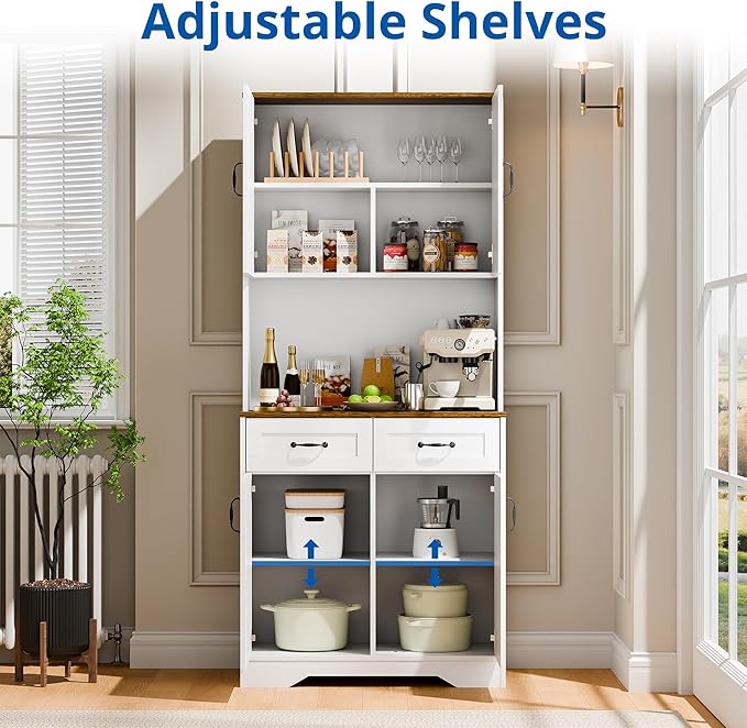 Cozy Castle Pantry Cabinet, Farmhouse Kitchen Hutch Cabinet with Storage Drawers Freestanding Coffee Bar Liquor Sideboard Large Countertop Cupboard for Dining Room, Living Room, 71'' Tall White