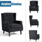 High Back Accent Chairs Set of 2, High Wingback Chair for Living Room, Button-Tufted Upholstered Fabric Armchair with Solid Wood Legs, Comfy Single Sofa Reading Chair for Bedroom, Dark Navy