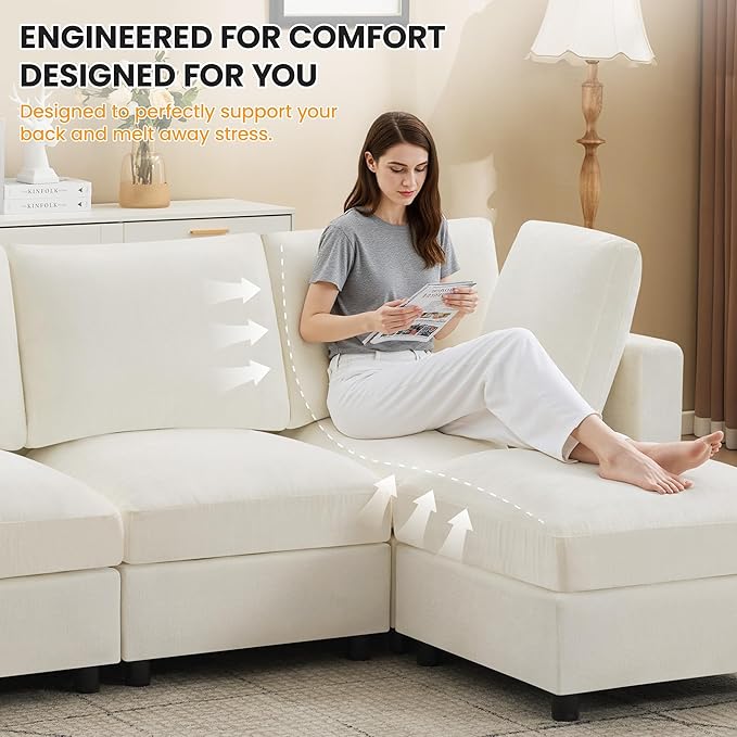 3-Seater Modular Sectional Cloud Sofa with Ottoman, L-Shaped Couch for Living Room, Modern Convertible Deep Seats Sofa, Chenille Beige
