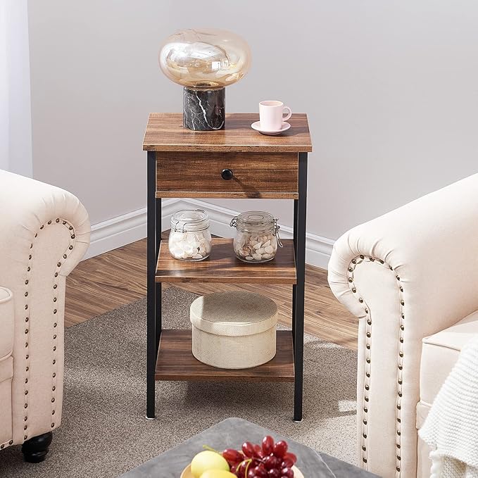 VECELO Tall End Table,Nightstand with Drawer and Adjustable Storage Shelf,27.6 inch Side Table for Living Room/Bedroom/Entryway Small Spaces