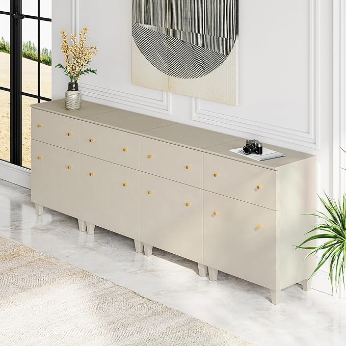 WAMPAT 4-in-1 Storage Cabinets for Living Room, 94.4" Sideboard with Drawers and Doors, Modern Beige Accent Cabinets with Adjustable Shelves for Dining Room, Hallway, Bedroom, 4 Packs