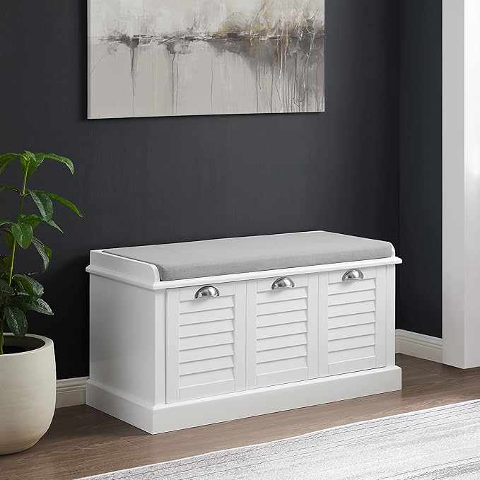 Crosley Furniture Ellison Entryway Storage Bench with Shoe Rack Organizer Drawer, White with Gray Cushion