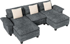 123-Inch U Shaped Sectional Sofa with Cloud Cushions, Deep Seat Modular Couch Set w/ 5 Seats & 2 Ottomans, Removable Arms, Plush Chenille Upholstery for Living Room, Apartment - Cyan