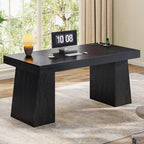 55.9 in Executive Desk with Power Outlets, Modern Home Office Desk with Storage Cabinet, Wood Computer Desk Business Workstation Desk Conference Table, Black (Storage Cabinet)