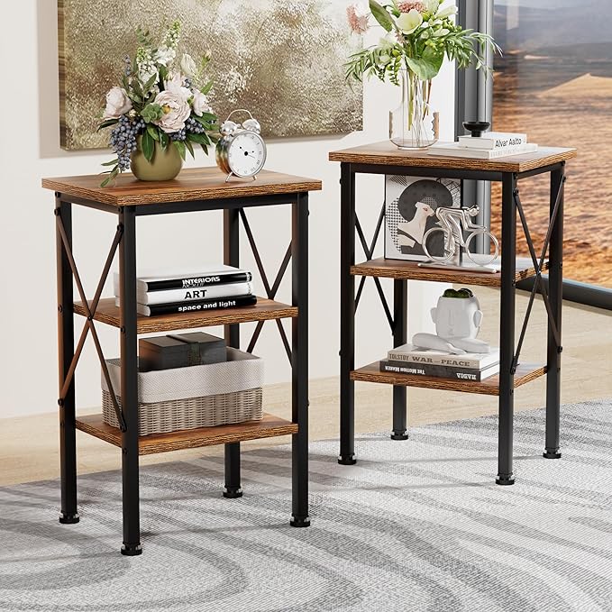 VECELO Modern Nightstands X-Design Side End Table Night Stand with Storage Shelf for Bedroom,Living Room,Set of 2 (Brown A2)