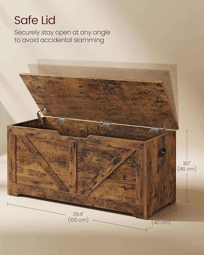 VASAGLE Storage Chest, Storage Trunk with 2 Safety Hinges, Storage Bench, Shoe Bench, Farmhouse Style, 15.7 x 39.4 x 18.1 Inches, for Entryway, Bedroom, Living Room, Rustic Brown ULSB060T01