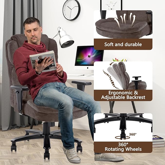 CLATINA Big and Tall Fabric Home Office Chair, Extra Wide Seat, Heavy Duty Ergonomic Executive Cloth Desk Chair with Wheels and Padded Armrests, High Back Computer Task Chair, Black, 500 LBS Capacity