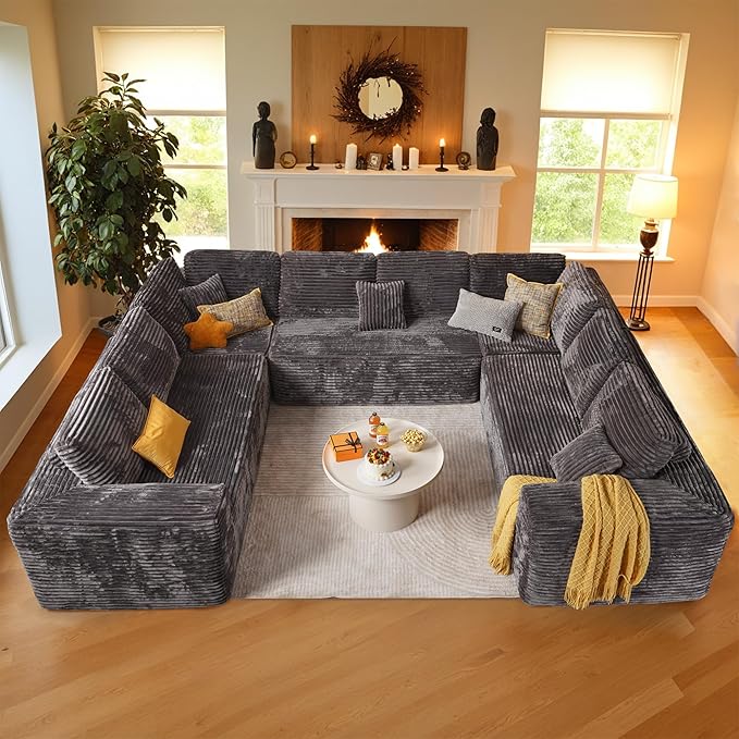 Weaxty Boneless Sectional Couch, Oversized U Shaped Modular Cloud Couches, Plush Corduroy Memory Foam Deep Seat Floor Sofa, No Assembly Required，Gray