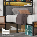 Z-hom Twin Bed Frames, Twin Bed Frame with 2-Tier Storage Upholstered Headboard, Metal Platform with USB Charging Station & LED Lights, Noise Free, No Box Spring Needed, Easy Assembly, Vintage Brown