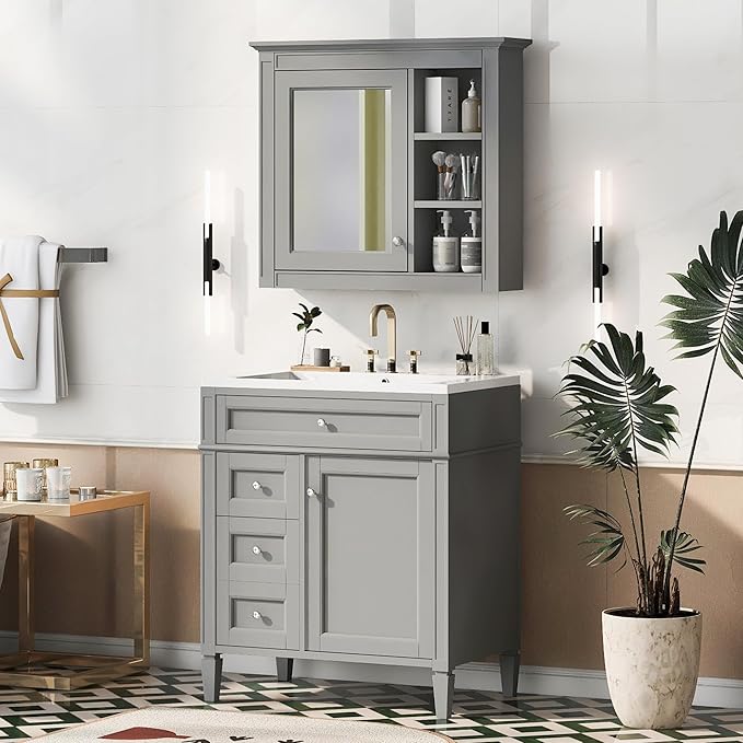 30" Bathroom Vanity with Matching Medicine Cabinet, Modern Sink Storage Cabinet with Drawers, Soft Closing Doors and Shelf, Bathroom Vanities with Sink & Mirror