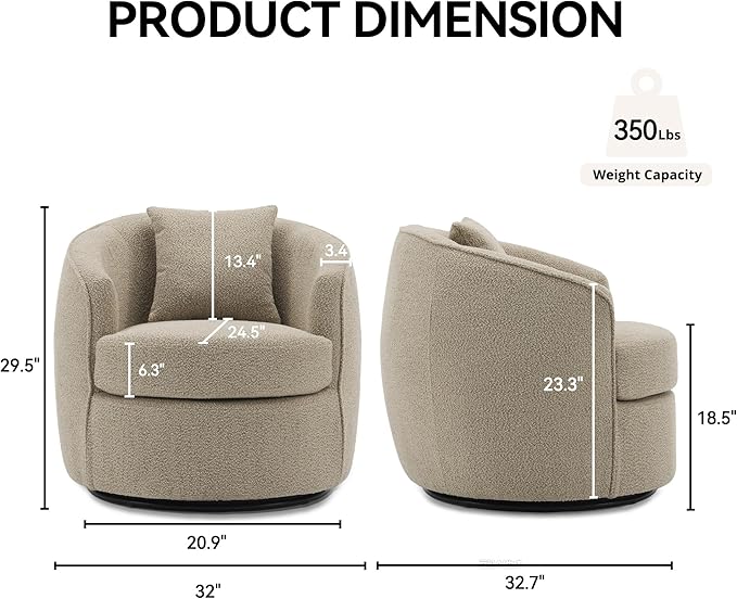 Swivel Accent Chair Set, Modern Upholstered Boucle Barrel Arm Chairs with Pillow for Living Room, 360 Degree Round Swivel Sherpa Armchair with Round Base for Bedroom Club (2, Light Brown)