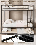 Full Over Full Bunk Bed with Trundle, Heavy Duty Metal Bed Frame with Full-Length Guardrails & Ladder, 3-in-1 Convertible Full Bunk Bed, Noise-Free, No Box Spring Needed, Black