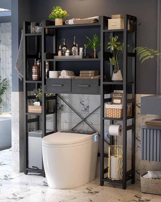Over The Toilet Storage with 2 Drawers - 11 Tier Bathroom Organizer Freestanding Space Saver Storage Rack with Adjustable Shelf Above Toilet Stand with 4 Hooks for Restroom, Laundry, Black