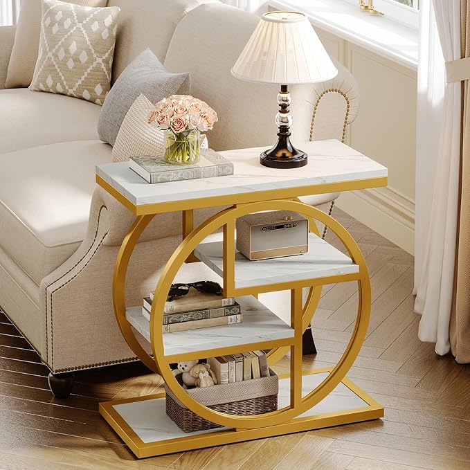 Tribesigns End Table Set of 2, Narrow Faux Marble Side Table with Storage Shelves, 4-Tier Modern Skinny Sofa Side Table with Geometric Metal Frame for Bedroom, Living Room, White & Gold