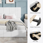 SHA CERLIN King Size Bed Frame, Velvet Upholstered Platform Bed, Vertical Channel Tufted Adjustable Headboard, Low Profile Bed Frame, No Box Spring Needed, Easy Assembly, White