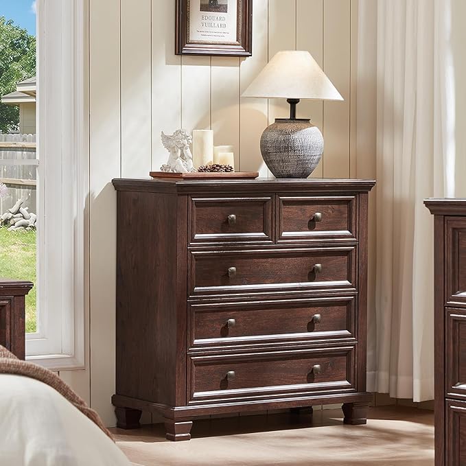 Farmhouse Bedroom Dresser and Nightstand Set of 4, 6 Drawer Low & 5 Drawers Dresser & 2 Drawer Nightstand Set, Rustic Wood Bedroom Furniture Set for Livingroom, Hallway, Walnut