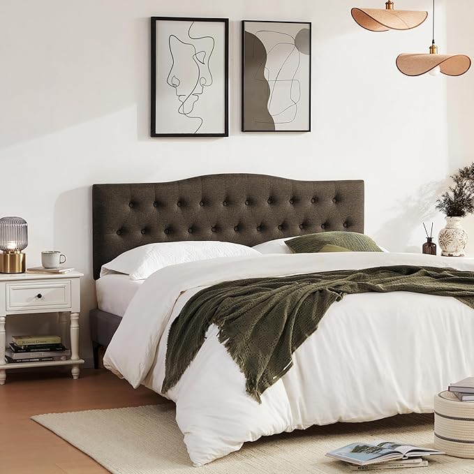 Tufted Upholstered Headboard Queen Size, Sturdy and Durable Solid Wood Bed headboard, Fabric Headboard Adjustable Height from 37” to 51”, Button Diamond Design Head Board, Chocolate