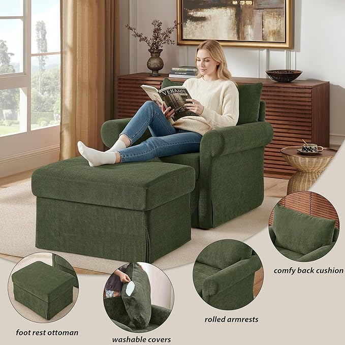 Modern Accent Chairs with Ottoman Set, Comfy Chenille Reading Armchair with Rolled Arms and Cushion Backrest, 35.8" W Chaise Lounge Chair for Living Room, Bedroom, Study, Apartment, Green