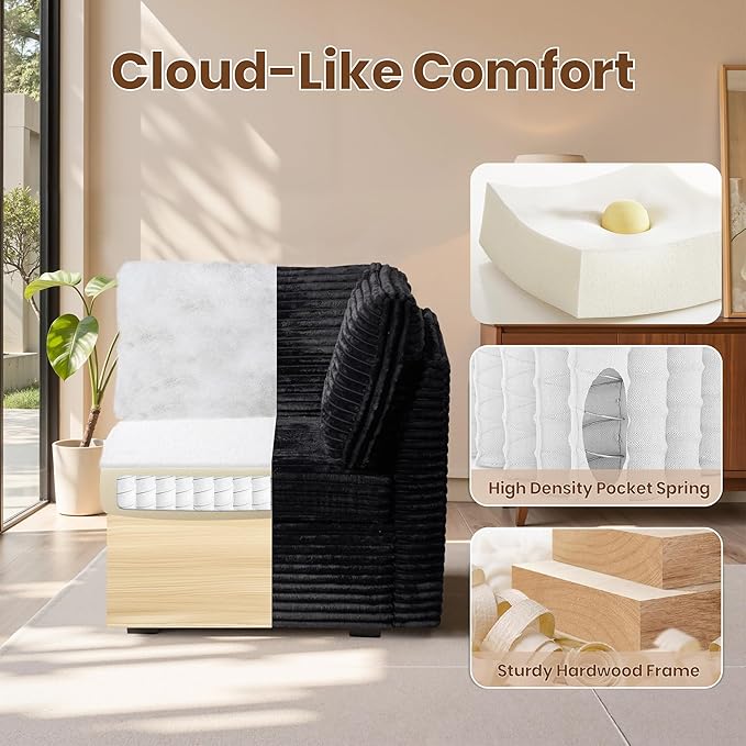 32.7'' Corner Seat for Modular Sectional Sofa, Deep Seat Upholstered Convertible Sleeper Sofas, L/U/V Shaped Plush Corduroy Cloud Couch for Living Room Apartment, Black