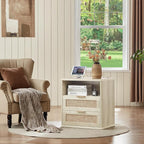 LEYAOYAO Rattan Nightstands with Charger Station, 23" Wide Boho Night Stand with 2 Drawers, Grey White Bedside Table Open Shlef, Bed Side End Table Dresser for Bedroom, Living Room Hallway