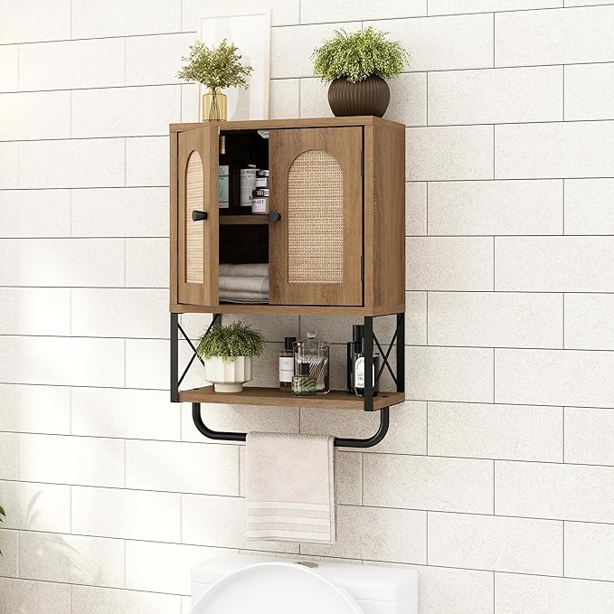 RUSTOWN Rattan Bathroom Wall Cabinet, Boho Over The Toilet Storage Cabinet with Arched Rattan Doors, Modern Medicine Cabinet with Adjustable Shelves & Towel Bar, Bathroom Organizer(Rustic Oak, Small)