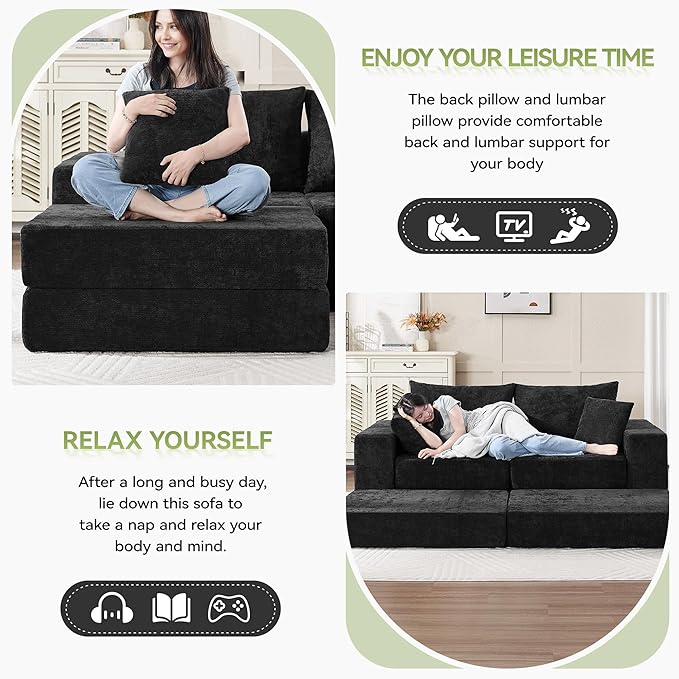 79" Boneless Cloud Loveseat Sofa Couch, Modular Foldable Floor Sofa with Ottoman, Chenille Lounge Convertible Sofa Bed for Living Room, No Assembly, Black