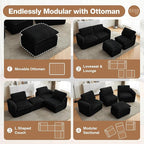 110'' Boneless Modular Sectional Couches for Living Room, Comfy Cloud Couch Sectional Sofas with Ottoman, Convertible L Shaped Couches for Apartment, Dorm, No Assembly Required, Black Corduroy