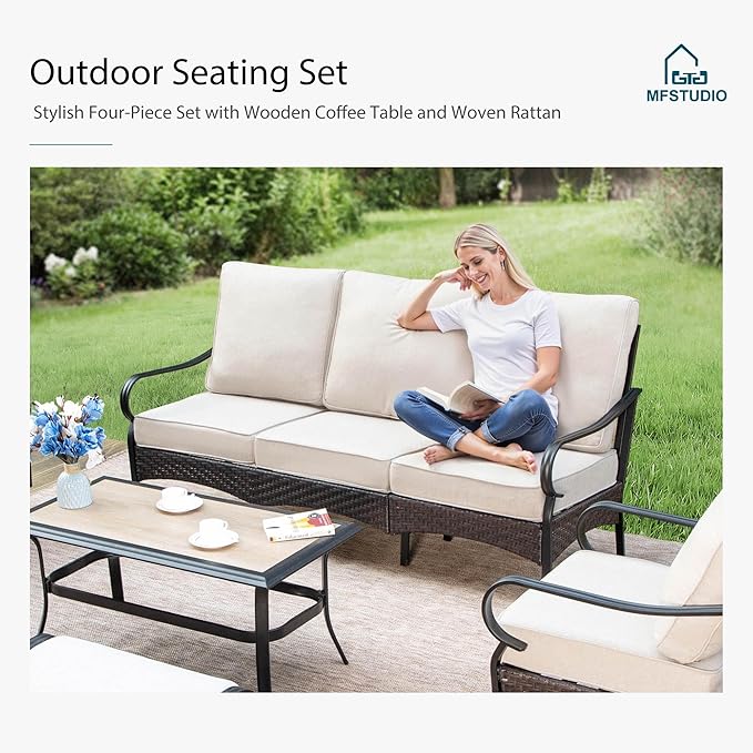 MFSTUDIO Outdoor Patio Furniture Set, Metal Outdoor Conversation Sofa, Rattan Wicker Patio Sectional Sofa for Lawn Garden Backyard