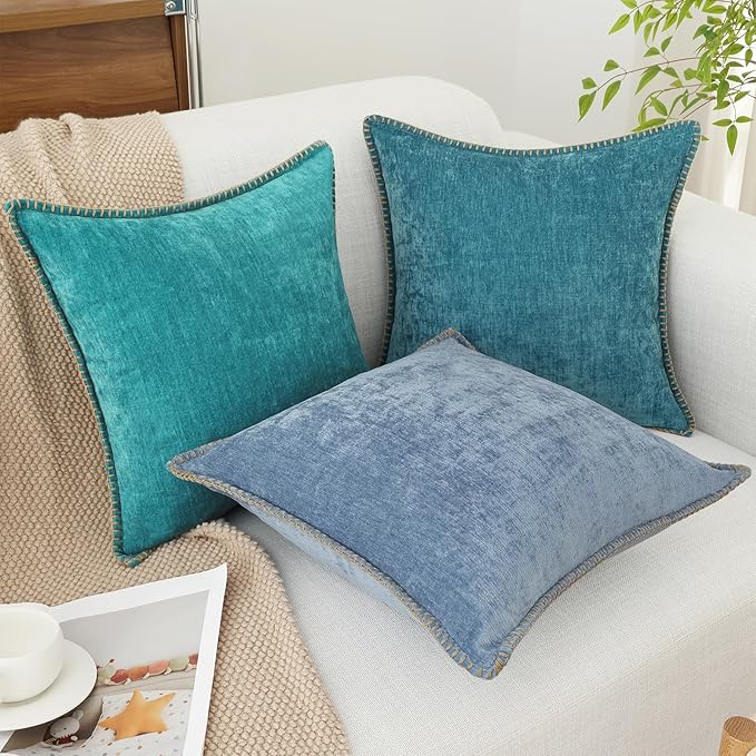 decorUhome Chenille Soft Throw Pillow Covers 20x20 Set of 2, Farmhouse Velvet Neutral Decorative Euro Pillow Covers with Stitched Edge for Couch Sofa Bed Home Decor, Turquoise