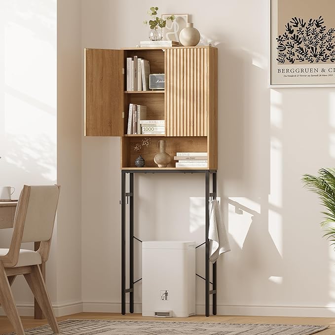 Toilet Storage Cabinet, Over The Rack Wood Cabinet with Metal Stand, Bathroom Organizer with Adjustable Shelf, Tall Freestanding Washer Shelf, Small Cupboard, Space Saver, Natural Style