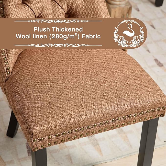 Linen Upholstered Dining Chairs Set of 6, Modern Style Kitchen Side Chairs with Nailhead Trim and Wood Leg, Metal Pulling Ring for Dining Room Living Room(Coffee,Set of 6)