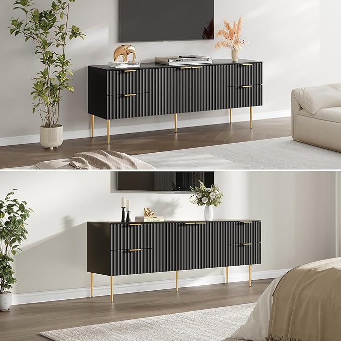 SICOTAS TV Stand for 55/60/65/70 Inch TV - 62 Inch TV Stands for Living Room Entertainment Center with 4 Drawers, Fluted Modern TV Media Console Television Cabinet for Bedroom(Black, 2 Pieces)