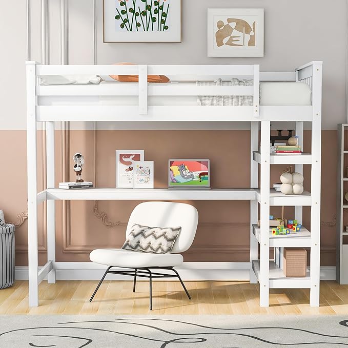 Twin Size Loft Bed with Storage Shelves and Under-Bed Desk,Bedroom Multifunctional Bed Frame w/Solid Wood Slat Support & Full-Length Guardrail,for Adult Boy Girl Teen,White