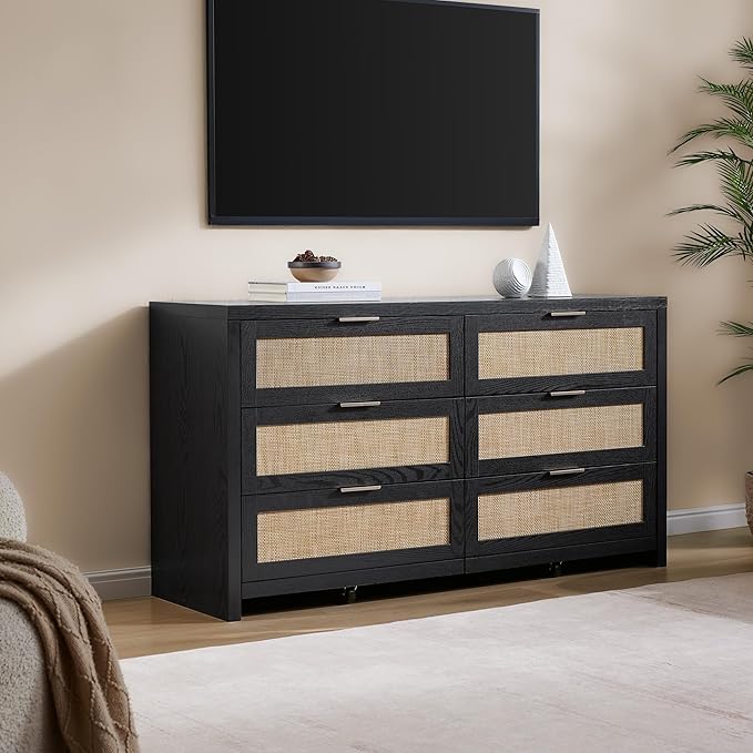 SICOTAS Rattan Dresser for Bedroom, 56.9" Wide 6 Drawer Dresser with Ample Storage, Wooden Dressers Large Chest of Drawers, Closet, Boho TV Stand for Bedroom (Black Oak, 2 Pieces)