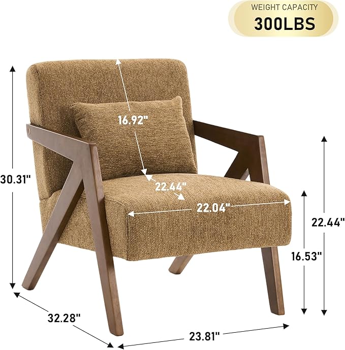 Mid Century Modern Accent Chair with Solid Wood Frame，Upholstered Chenille Living Room Arm Chairs with Pillow for Bedroom, Living Room, Reading Room, Balcony (1, Yellow)