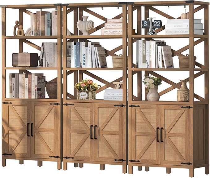 5 Tier Bookshelf 70" Rattan Boho Tall Bookcase with Barn Doors,Farmhouse Display Book Shelf with Adjustable Shelves and Storage Cabinet,Wood Bookshelves for Living Room,Kitchen,Natural (3PCS)