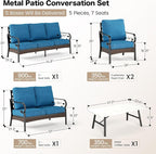 5 Piece Metal Outdoor Patio Furniture Set, Patio Conversation Sets 3-Seater Sofa, 2-Seater Sofa, 2 Fixed Chair with 5.75" Thick Cushion & Coffee Table Black Backyard Furniture, Blue-2