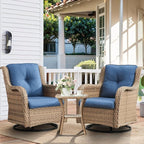 HUMMUH 3-Piece Swivel Rocking Rattan Chair Outdoor, Patio Bistro Furniture Conversation Set, Cushioned Wicker Chair with Glass Coffee Table(Yellow,Blue)