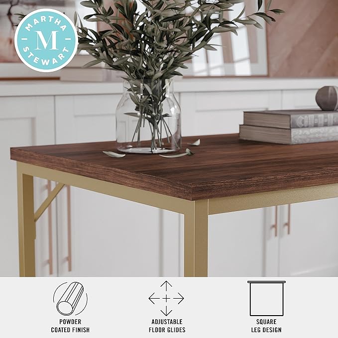 Martha Stewart Noah Home Office Parsons Desk in Walnut Wood Grain with Polished Brass Metal Frame