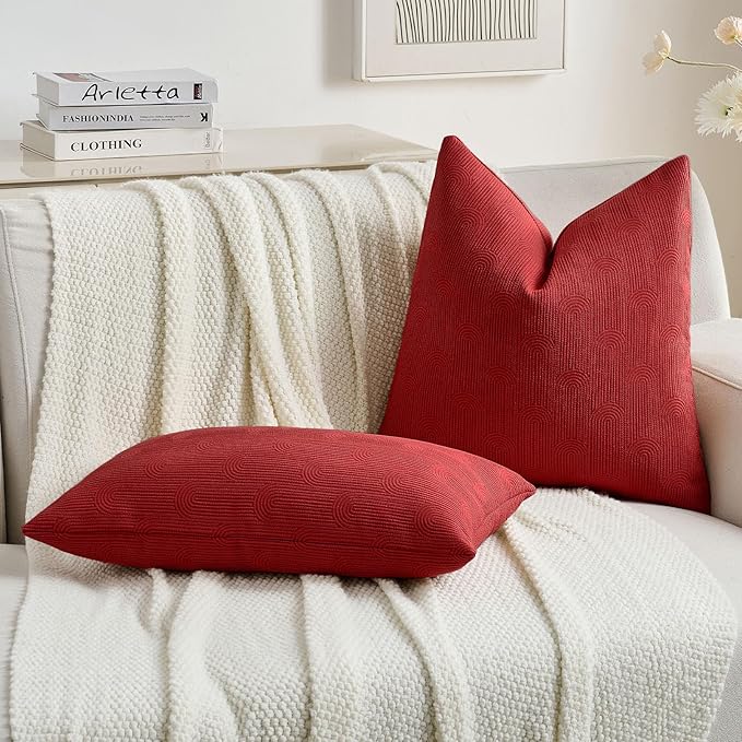 FUTEI Christmas Red Chenille Decorative Throw Pillow Covers 24x24 Inch Set of 2,Soft Cozy Striped Geometric Patterns European Cushion Cases,Modern Home Decor for Couch Bed Living Room
