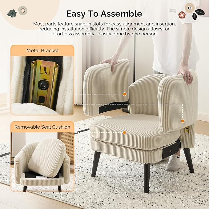 VINGLI 30.3" Wide Modern Barrel Accent Armchair with Track Armrest, Solid Wooden Legs, Comfy Upholstered Club Chair, Round Single Home Sofa for Living Room, Bedroom, Reading Room, Corduroy Beige