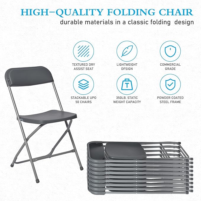 10 Pack Gray Plastic Folding Chairs for Outside, Portable Stackable Commercial Metal Foldable Chairs with Steel Frame for Home Events Office Wedding Party, 350lbs Capacity