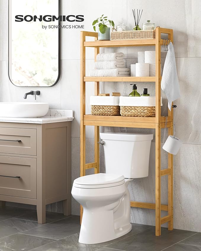 SONGMICS Over The Toilet Storage, 3-Tier Over Toilet Bathroom Organizer with Adjustable Shelf, 10.2 x 24.8 x 66.9 Inches, Space-Saving, Natural Beige UBTS001N01