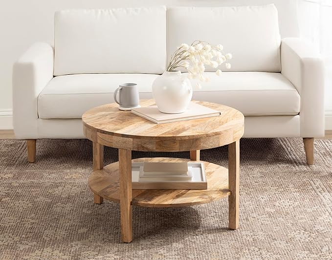 Kate and Laurel Talcott Tiered Modern Round Coffee Table, 28 x 28 x 18, Natural Wood, Transitional Two-Tier Circle Living Room Table with Storage and Mango Wood Construction