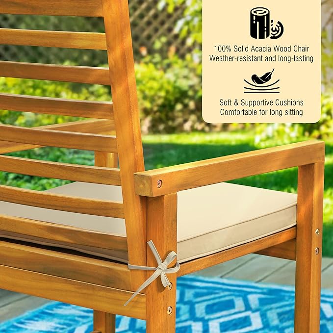 Tranquillo Solara Acacia Wood Outdoor Chair Set of 2 with Cushions – 500lbs Capacity, Weather-Resistant Patio Chairs for Garden, Deck, or Porch