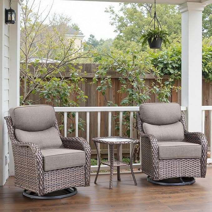 Swivel Patio Chairs Set of 3 with 6" Thick Cushion - Wicker Outdoor Swivel Rocker Patio Chairs with Side Table, High Back Comfortable Outdoor Glider Chairs - Brown Wicker | Grey Cushions